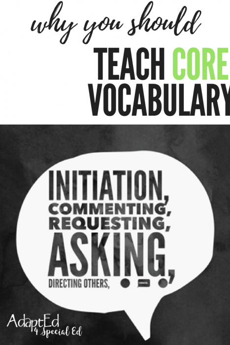 Why you should teach Core Vocabulary in your special education classroom.  With CORE words you can teach your students: initiation, commenting, requesting, asking and more.  Adapted 4 Special Ed